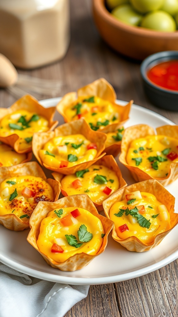 Tortilla quiche muffins in crispy shells filled with eggs and vegetables, served on a rustic table with salsa.
